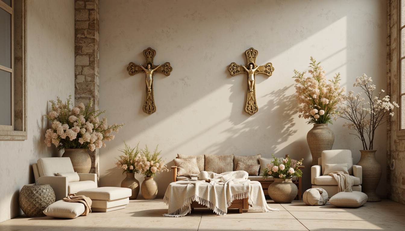 Prompt: \Soft, creamy whites, distressed wood accents, vintage holy artifacts, ornate golden crosses, delicate lace patterns, muted pastel hues, warm beige tones, rustic stone walls, worn velvet fabrics, subtle sparkle elements, dim, warm lighting, shallow depth of field, 1/2 composition, intimate atmosphere, realistic textures, ambient occlusion.\Please let me know if this meets your requirements!