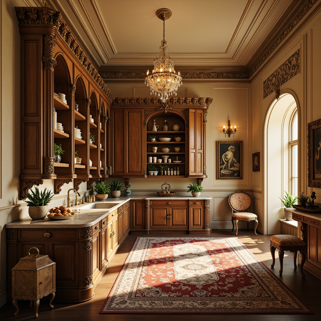 Prompt: Ornate Rococo pantry, soft golden lighting, warm candle glow, crystal chandeliers, delicate moldings, intricate carvings, luxurious marble countertops, ornamental metalwork, richly patterned rugs, lavish fabrics, vintage furniture pieces, distressed finishes, warm beige walls, creamy white accents, subtle shadows, 1/2 composition, realistic textures, ambient occlusion.