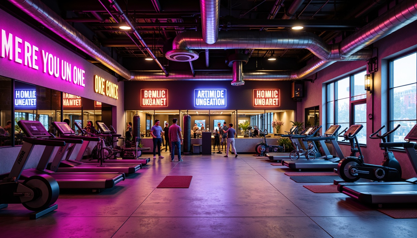 Prompt: Vibrant home gym, bold industrial machinery, metallic accents, neon-lit signage, concrete floors, exposed ductwork, motivational quotes, athletic equipment, free weights, treadmills, stationary bikes, punching bags, yoga mats, sound-absorbing panels, bright overhead lighting, warm ambient glow, high-contrast colors, dynamic shadows, 1/2 composition, shallow depth of field, realistic textures, soft focus effect.