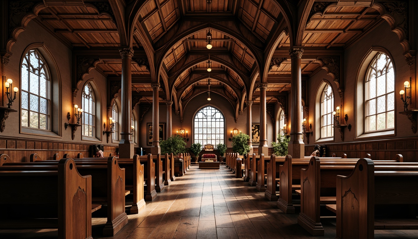 Prompt: Intricate wooden pews, ornate carvings, Gothic arches, stained glass windows, vaulted ceilings, rustic wood tones, rich walnut textures, polished oak floors, ornamental tracery, handcrafted details, warm soft lighting, cozy atmospheric ambiance, shallow depth of field, 1/1 composition, realistic wooden grain, ambient occlusion.Let me know if you need any adjustments!