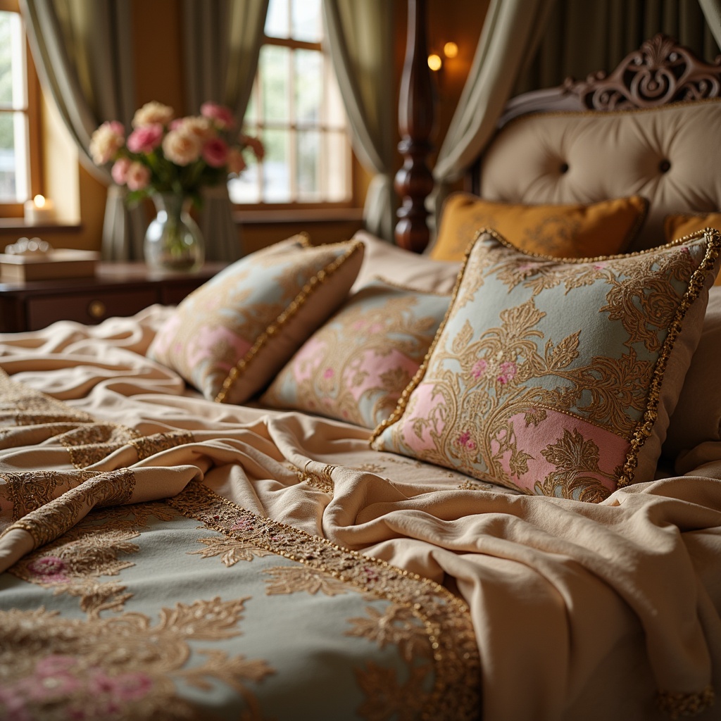 Prompt: Opulent fabrics, intricate floral patterns, soft pastel hues, luxurious velvet textures, ornate gold embroidery, delicate lace trimmings, rich satin drapes, lavish silk tassels, baroque-inspired designs, whimsical curly cues, natural flower motifs, warm candlelight ambiance, shallow depth of field, 1/1 composition, intimate close-up shots, realistic fabric simulations, subtle ambient occlusion.