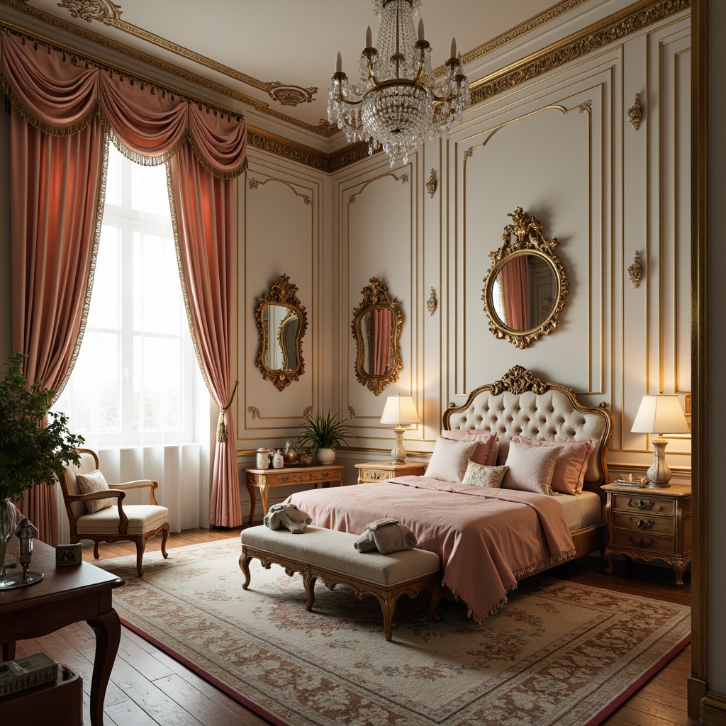 Prompt: Ornate bedroom, curved lines, carved wooden furniture, gilded accents, soft velvet upholstery, tufted headboards, intricately patterned rugs, ornamental mirrors, delicate crystal chandeliers, pastel color palette, lavish drapery, tassel trim, gold leaf detailing, luxurious fabrics, whimsical carvings, Baroque-inspired silhouettes, curved legs, cabriole chairs, bouillotte tables, carved wooden paneling, Rococo-style motifs, soft warm lighting, shallow depth of field, 1/1 composition, realistic textures.