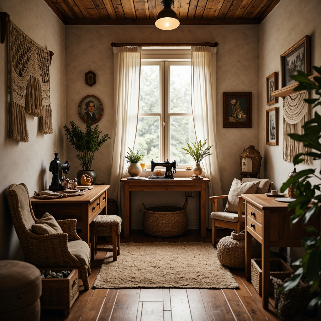 Prompt: Cozy craft room, wooden furniture, vintage sewing machines, woven baskets, earthy tones, natural fabrics, jute rugs, linen drapes, macrame wall hangings, handwoven textiles, distressed wood accents, warm candlelight, soft warm colors, shallow depth of field, 1/1 composition, intimate atmosphere, rustic charm, nature-inspired patterns, organic materials.