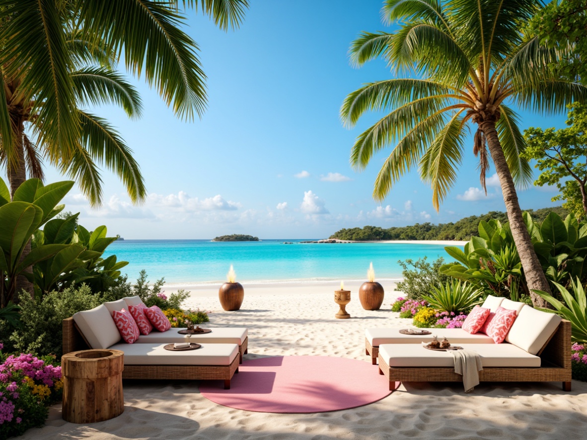 Prompt: Vibrant tropical island, lush green palm trees, exotic floral arrangements, bright coral reefs, warm sandy beaches, colorful tiki torches, refreshing ocean breeze, clear blue skies, sunny day, soft warm lighting, shallow depth of field, 3/4 composition, panoramic view, realistic textures, ambient occlusion, pastel pink hues, minty fresh greens, turquoise blues, sunshine yellows, creamy whites, natural wood accents, woven rattan furniture, distressed finishes, organic patterns.