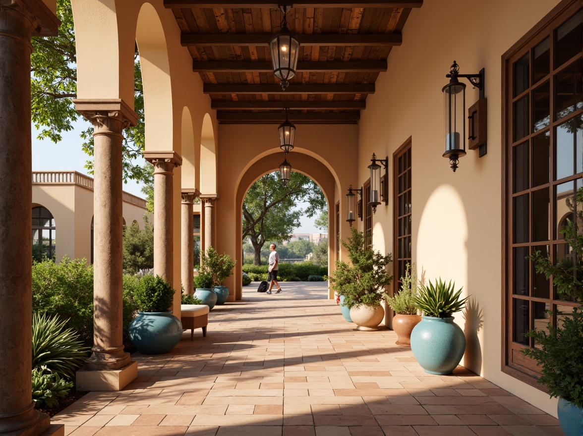 Prompt: Warm beige walls, terracotta tile floors, earthy brown columns, soft blue accents, ornate metalwork, vintage lighting fixtures, arched ceilings, natural stone textures, lush greenery, sunny warm ambiance, shallow depth of field, 1/1 composition, realistic materials, ambient occlusion.