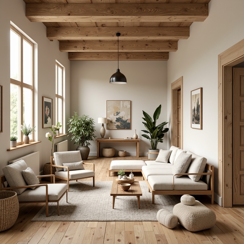 Prompt: Cozy Scandinavian hall, light-filled open space, minimalist decor, warm wooden floors, beige walls, large windows, natural textiles, woven baskets, comfortable sectional sofas, Nordic-inspired armchairs, minimalist coffee tables, industrial metal lamps, pendant lighting, greenery plants, nature-inspired artwork, soft pastel colors, warm ambient lighting, 1/1 composition, realistic textures, subtle shadows.