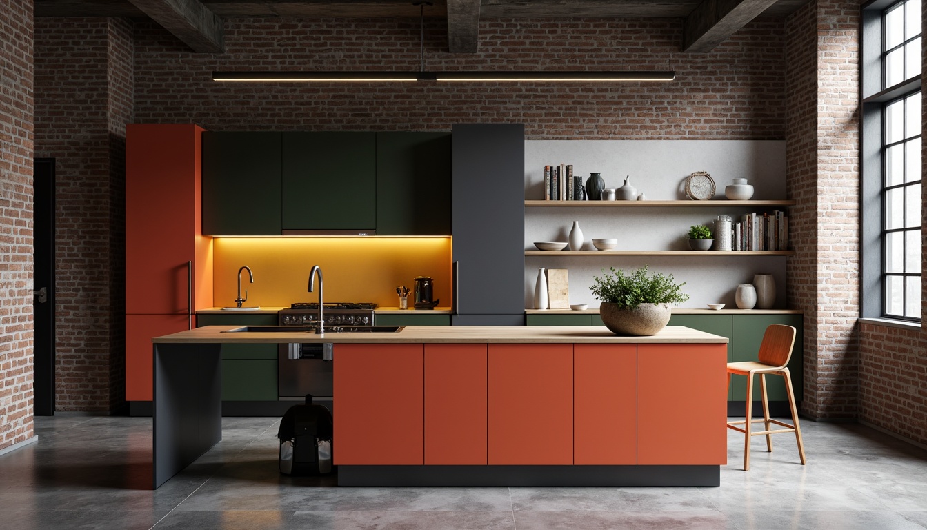 Prompt: Minimalist kitchen island, functional cabinetry, geometric shapes, bold color blocking, industrial metal accents, sleek wooden countertops, modern appliances, linear LED lighting, open shelving, monochromatic color scheme, rectangular sink basins, wall-mounted faucets, ergonomic handle designs, natural stone flooring, urban loft atmosphere, high-contrast photography, 1/1 composition, dramatic shadowing, realistic reflections.