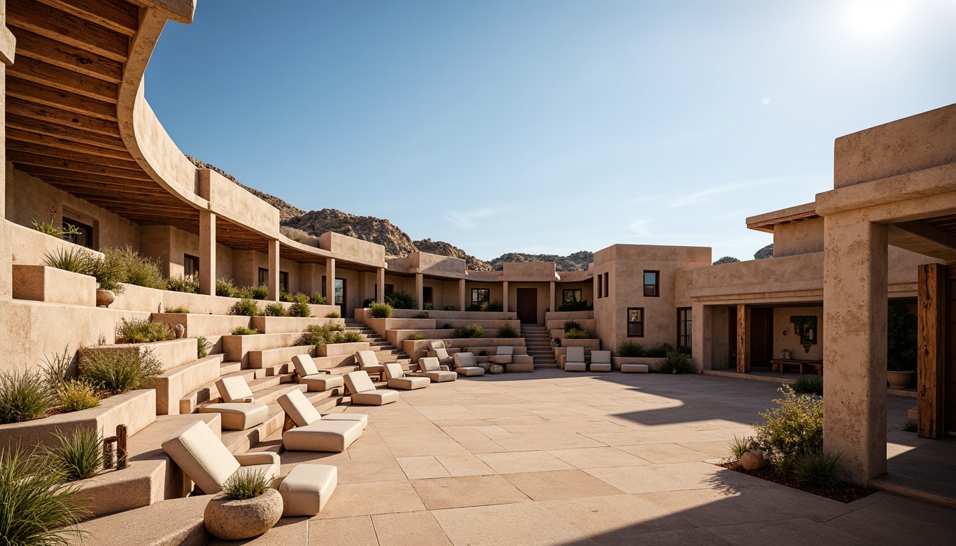 Prompt: Rustic southwestern amphitheater, natural stone seating, wooden accents, earthy color palette, warm sandy terrain, cacti and succulents, clear blue sky, vast open space, curved architecture, tiered seating, outdoor stage, acoustic shell, sound-absorbing materials, natural reverb, warm afternoon sunlight, soft shadows, shallow depth of field, 3/4 composition, panoramic view, realistic textures, ambient occlusion.