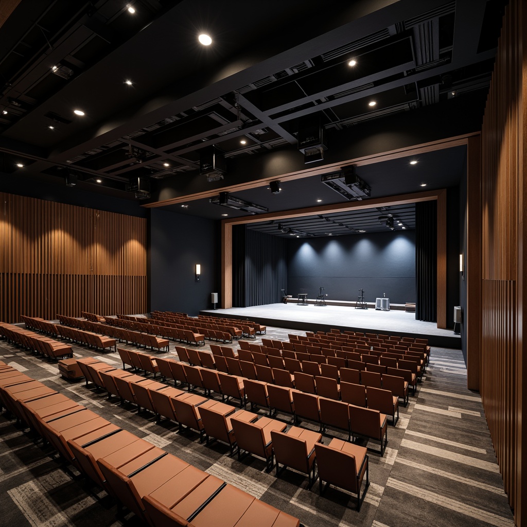 Prompt: Minimalist theater interior, curved rows of seats, tubular steel frames, leather upholstery, geometric patterns, rectangular stages, industrial lighting fixtures, exposed ductwork, concrete floors, functional simplicity, open-plan layout, flexible seating arrangement, movable chairs, modular design elements, bold color accents, dramatic spotlights, high-contrast shading, dynamic camera angles, cinematic composition, atmospheric rendering.