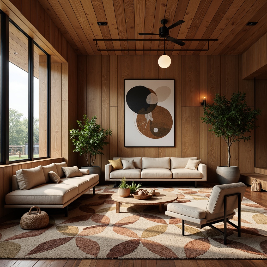 Prompt: Retro-chic interior, warm wood accents, sleek metal legs, low-profile sofas, geometric patterned rugs, abstract artwork, statement lighting fixtures, natural fiber textiles, woven baskets, minimalist coffee tables, sculptural plants, earthy color palette, soft indirect lighting, subtle shadows, 1/2 composition, atmospheric perspective, realistic reflections.