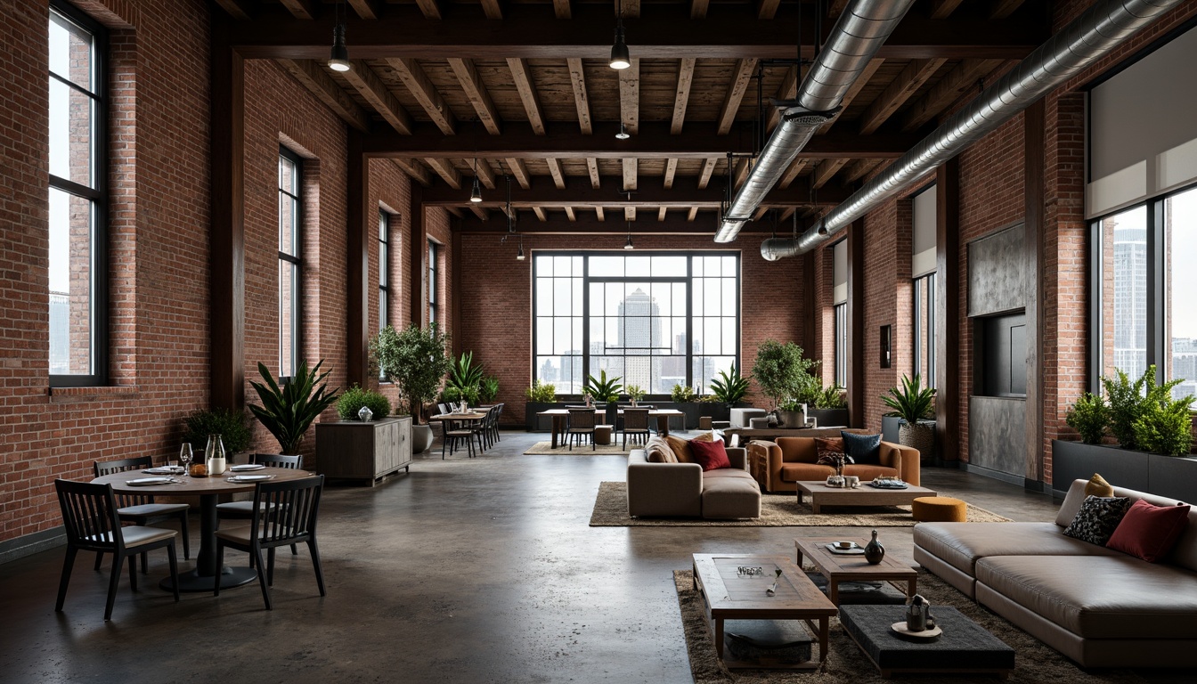 Prompt: Exposed brick walls, metal beams, reclaimed wood accents, industrial-style lighting fixtures, urban loft atmosphere, distressed concrete floors, functional machinery components, metallic color palette, edgy modern furniture, cityscape views, dramatic high ceilings, moody ambient lighting, shallow depth of field, 2/3 composition, cinematic mood, realistic textures, subtle noise.