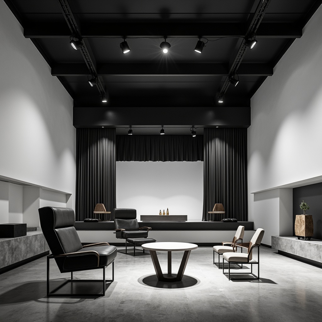 Prompt: Minimalist theater interior, functional furniture pieces, tubular steel frames, leather-upholstered chairs, geometric-shaped coffee tables, industrial-style lighting fixtures, concrete floors, white walls, rectangular-shaped stage, simple curtains, functional storage units, minimalist decor, black and white color scheme, dramatic spotlights, 1/2 composition, shallow depth of field, high-contrast lighting.