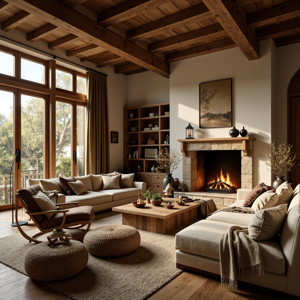 Prompt: Cozy living room, exposed wooden beams, natural wood tones, earthy color palette, warm ambient lighting, comfortable furniture, plush throw blankets, rustic metal accents, vintage decorative items, large stone fireplace, soft cushions, woven baskets, natural textiles, organic shapes, earthy aroma, relaxing atmosphere, shallow depth of field, 1/1 composition, warm golden lighting.