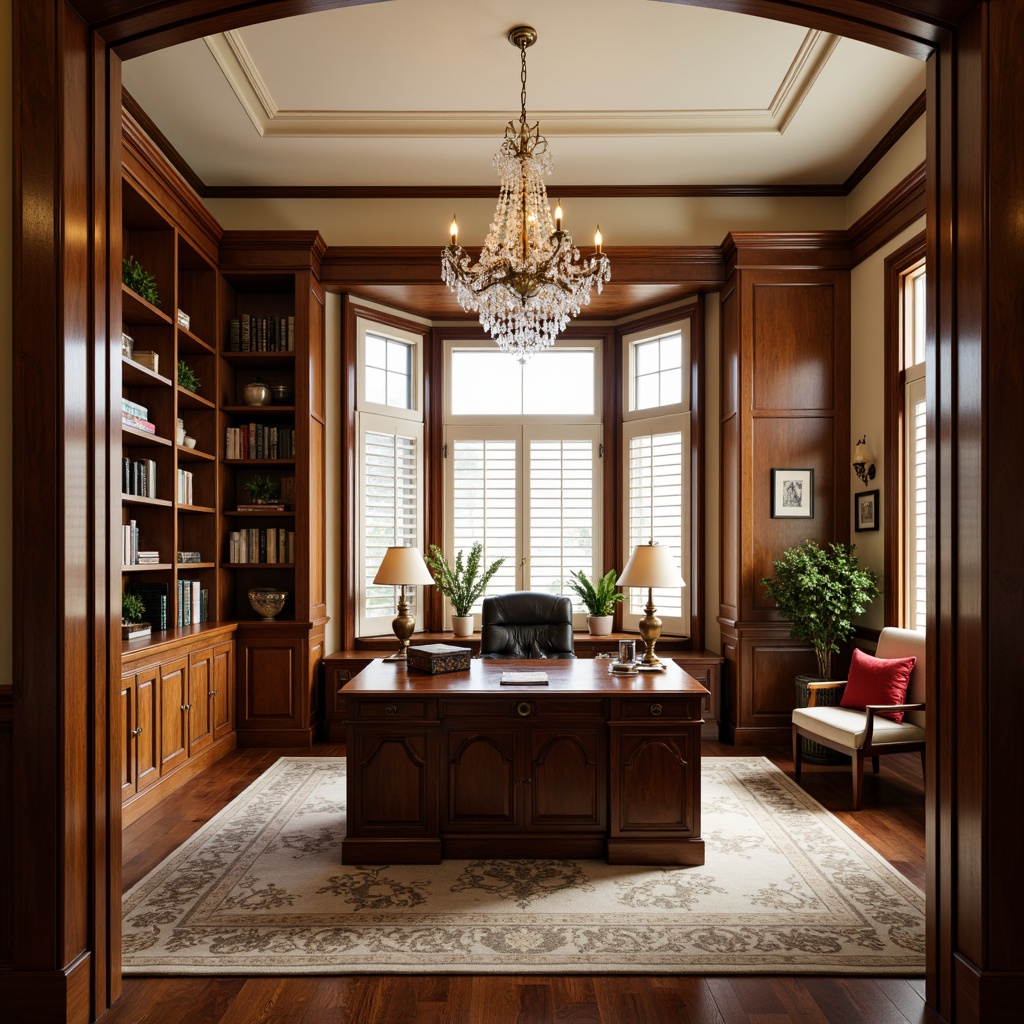 Prompt: Warm home office, traditional wooden desk, leather executive chair, rich wood paneling, classic bookshelves, soft warm lighting, table lamps with ornate metalwork, crystal chandelier, floor lamps with velvet shades, rustic bronze fixtures, elegant cream-colored walls, plush area rug, comfortable reading nook, large windows with white plantation shutters, natural daylight, 1/1 composition, shallow depth of field, realistic textures, ambient occlusion.