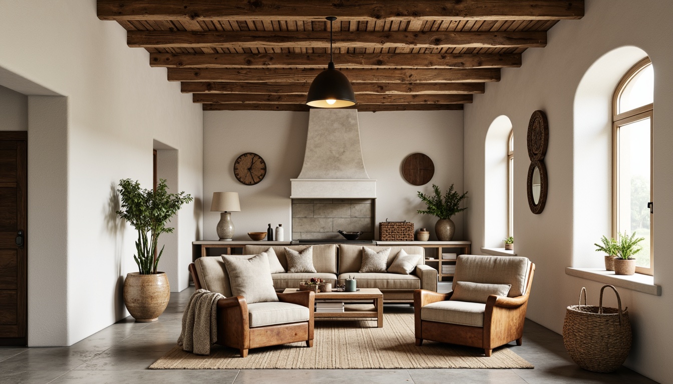 Prompt: Rustic farmhouse, modern streamline interiors, reclaimed wooden beams, exposed brick walls, polished concrete floors, industrial metal accents, minimal ornamentation, neutral color palette, creamy whites, warm beiges, natural textiles, woven baskets, linen upholstery, distressed leather armchairs, vintage decorative items, functional lighting fixtures, pendant lamps, soft warm glow, cozy atmosphere, 1/1 composition, symmetrical framing, shallow depth of field, realistic textures, ambient occlusion.