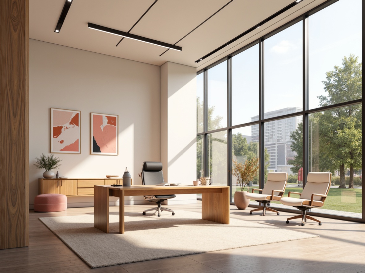 Prompt: Vibrant modern office, sleek minimalist desk, ergonomic chair, abstract art pieces, calming neutral tones, pastel hues, soft peach accents, natural wood textures, floor-to-ceiling windows, abundant sunlight, airy atmosphere, 1/1 composition, shallow depth of field, warm softbox lighting, realistic renderings, subtle ambient occlusion.