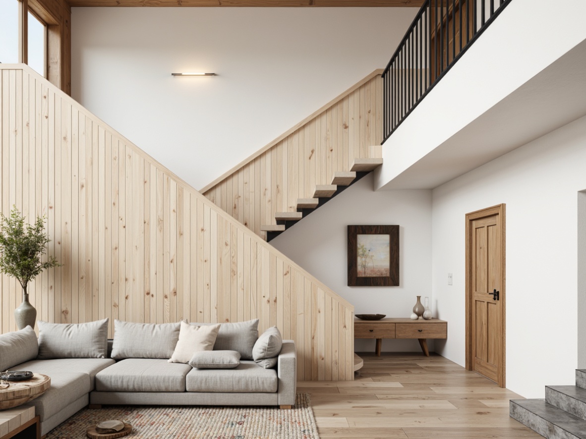 Prompt: Light-bleached wood planks, minimalist railings, Nordic-inspired stair designs, monochromatic color schemes, matte white walls, natural stone flooring, rustic wooden accents, woven textiles, geometric patterned rugs, soft warm lighting, shallow depth of field, 1/1 composition, realistic textures, ambient occlusion.