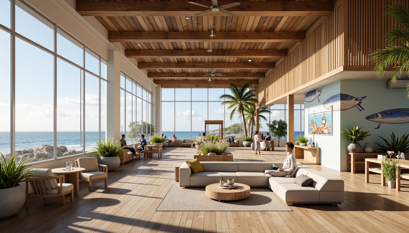 Prompt: Seaside youth center, ocean views, large windows, natural light pouring in, wooden accents, beachy vibes, casual seating areas, coastal-themed murals, surfboard-inspired decor, driftwood furniture, sandy neutrals, calming color palette, soft warm lighting, shallow depth of field, 1/1 composition, panoramic view, realistic textures, ambient occlusion.