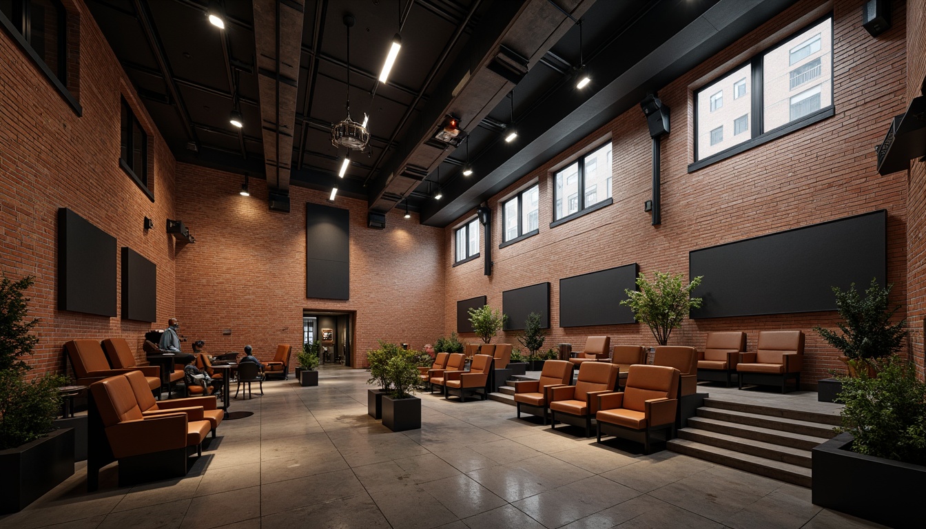 Prompt: Industrial-style auditorium, exposed brick walls, metal beams, concrete floors, minimalist decor, functional lighting, sleek wooden seats, sound-absorbing panels, acoustic diffusers, professional audio equipment, stage spotlights, dramatic shadows, high ceilings, urban atmosphere, busy cityscape, rainy day, warm interior lighting, shallow depth of field, 2/3 composition, realistic textures, ambient occlusion.