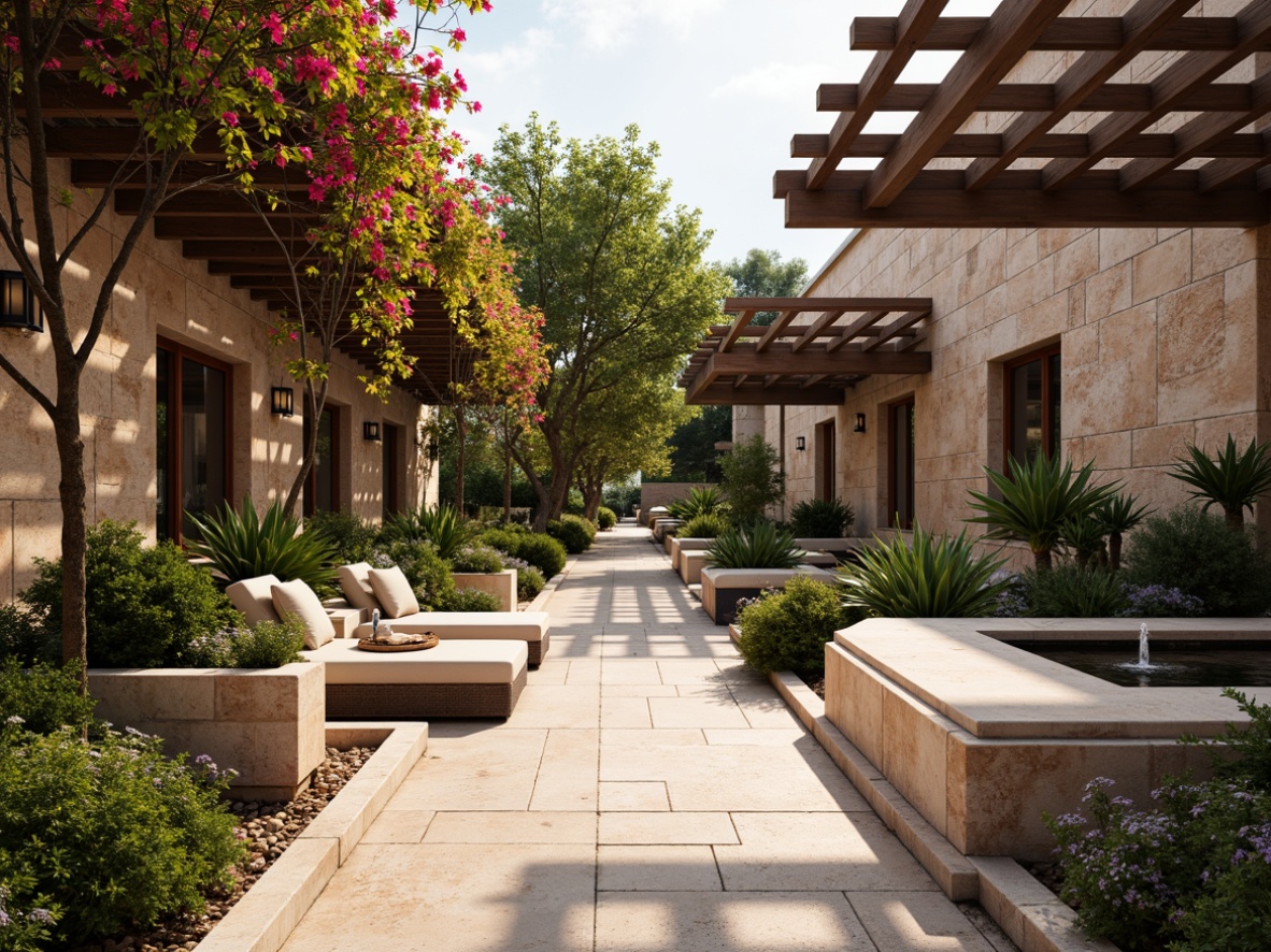 Prompt: Warm and inviting outdoor spaces, lush greenery, vibrant bougainvillea, rustic stone walls, wooden pergolas, comfortable seating areas, refreshing fountains, natural limestone flooring, elegant archways, ornate ironwork, soft warm lighting, shallow depth of field, 3/4 composition, panoramic view, realistic textures, ambient occlusion.