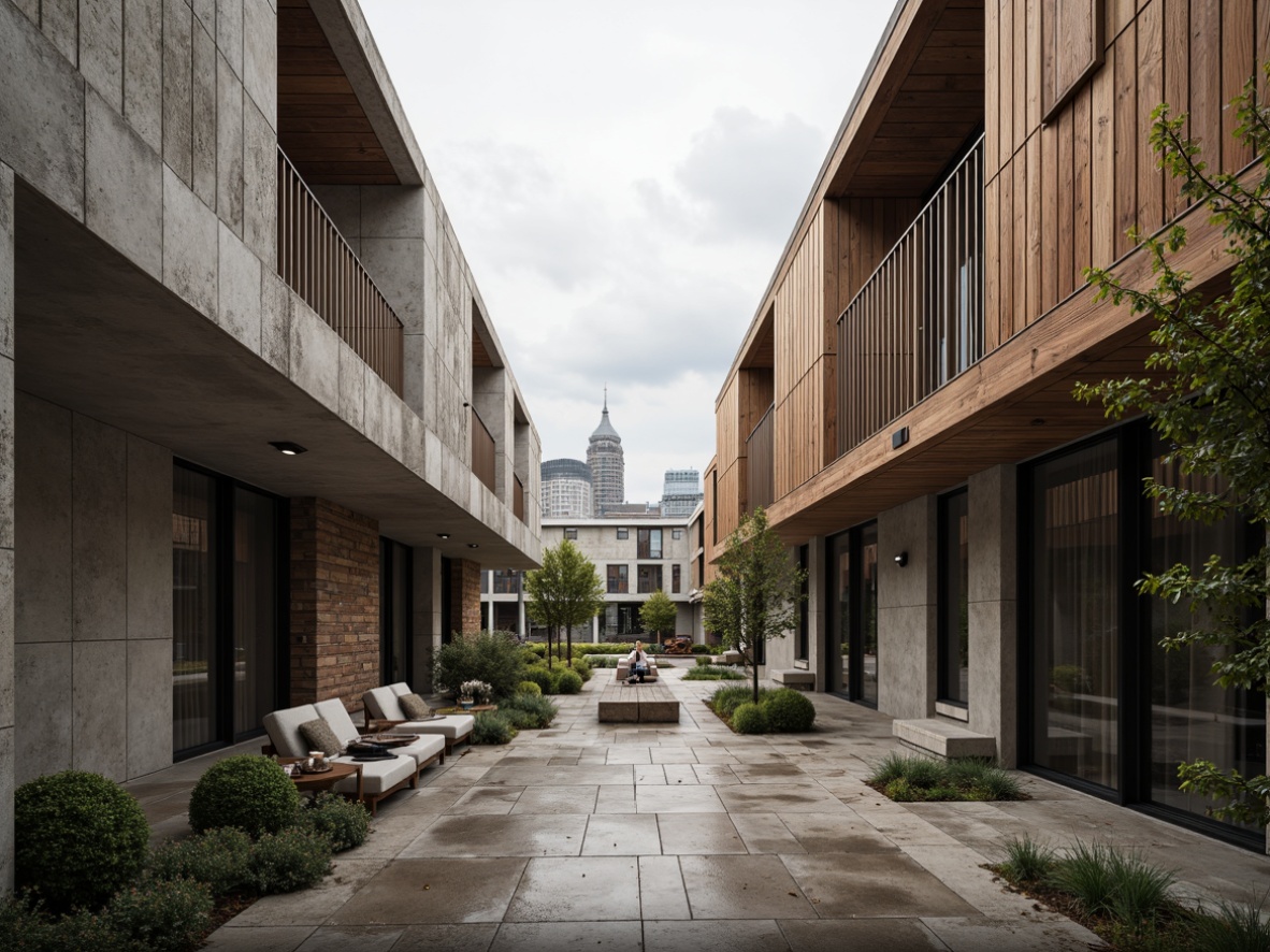 Prompt: Rugged brutalist architecture, raw concrete structures, natural stone walls, reclaimed wood accents, earthy tones, organic textures, industrial metal beams, minimalist decor, functional simplicity, urban cityscape, overcast sky, dramatic shadows, high-contrast lighting, 1/1 composition, symmetrical framing, gritty realistic render.