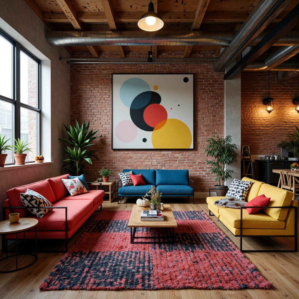 Prompt: Vibrant apartment interior, eclectic furniture pieces, bold colorful upholstery, sleek metal frames, reclaimed wood accents, plush area rugs, statement lighting fixtures, abstract artwork, geometric patterns, industrial-chic decor, exposed brick walls, urban loft atmosphere, warm cozy ambiance, soft natural light, 1/1 composition, shallow depth of field, realistic textures, ambient occlusion.