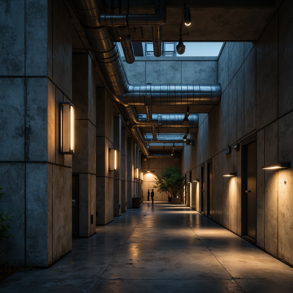 Prompt: Raw concrete walls, industrial pipes, brutalist architecture, dramatic shadows, harsh overhead lighting, warm ambient glow, soft diffused illumination, industrial metal fixtures, minimalist lamp designs, cold blue tones, warm yellow hues, high contrast ratios, deep shadows, 3/4 composition, low-angle photography, realistic textures, ambient occlusion.