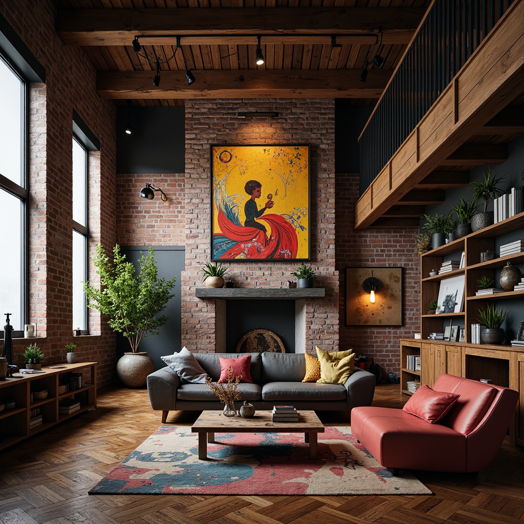 Prompt: Vibrant apartment, eclectic expressionism style, bold color palette, rich textures, abstract artwork, geometric patterns, avant-garde furniture, industrial metal accents, reclaimed wood floors, exposed brick walls, urban loft atmosphere, dramatic lighting, moody shadows, cinematic composition, 1/1 aspect ratio, low-key illumination, atmospheric haze.