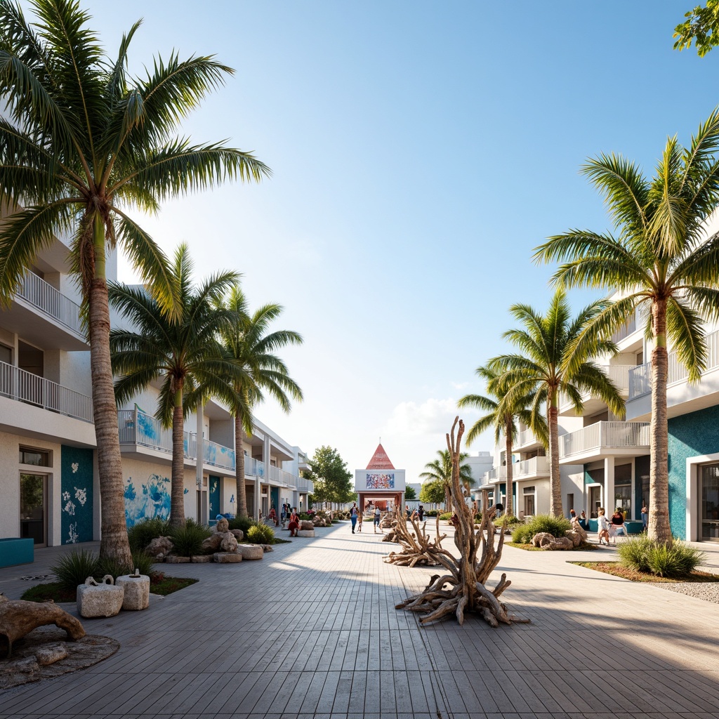 Prompt: Seaside open plaza, weathered wood decking, driftwood sculptures, nautical rope details, ocean-inspired street furniture, beachy palm trees, salty sea air, warm sunny day, soft natural lighting, shallow depth of field, 1/1 composition, panoramic view, realistic textures, ambient occlusion, modern coastal architecture, large glass windows, sliding doors, beach-themed murals, coral-inspired patterns, ocean-blue color scheme, seaside promenade, sailboat-inspired kiosks.