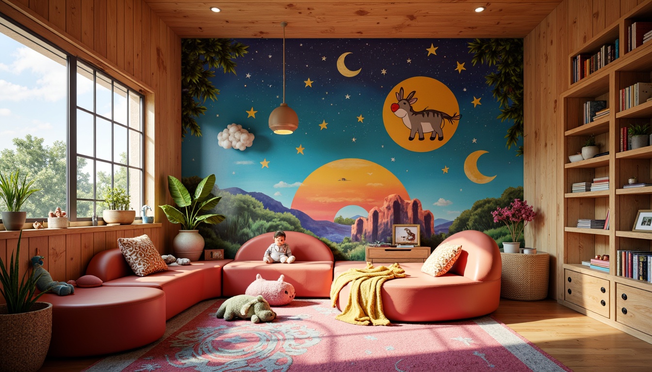 Prompt: Vibrant kids' room, whimsical expressionist style, playful color palette, curved wooden furniture, irregular shapes, bold patterns, soft cushions, plush toys, cozy reading nook, floor-to-ceiling bookshelves, imaginative murals, fantasy-inspired wallpaper, crescent moon windows, starry night lighting, dreamy atmosphere, shallow depth of field, 1/1 composition, realistic textures, warm soft focus.