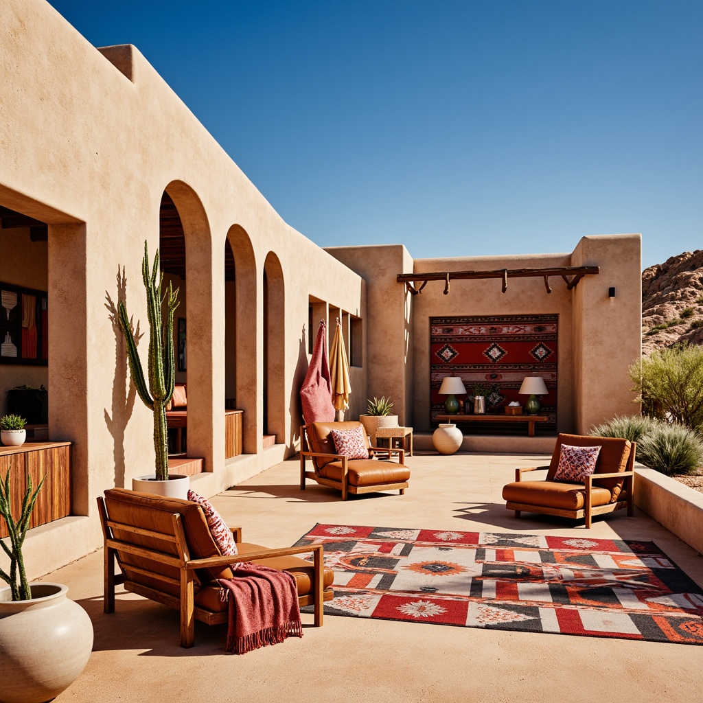 Prompt: Vibrant Southwestern-inspired fabrics, bold geometric patterns, Navajo-inspired rug designs, earthy tone color palette, adobe-style architecture, rustic wooden accents, warm sandy dunes, clear blue sky, vast open spaces, traditional tribal motifs, colorful woven baskets, natural fiber textiles, hand-loomed wool blankets, distressed leather armchairs, sun-baked terracotta pots, cacti plants, soft warm lighting, shallow depth of field, 3/4 composition, panoramic view, realistic textures, ambient occlusion.