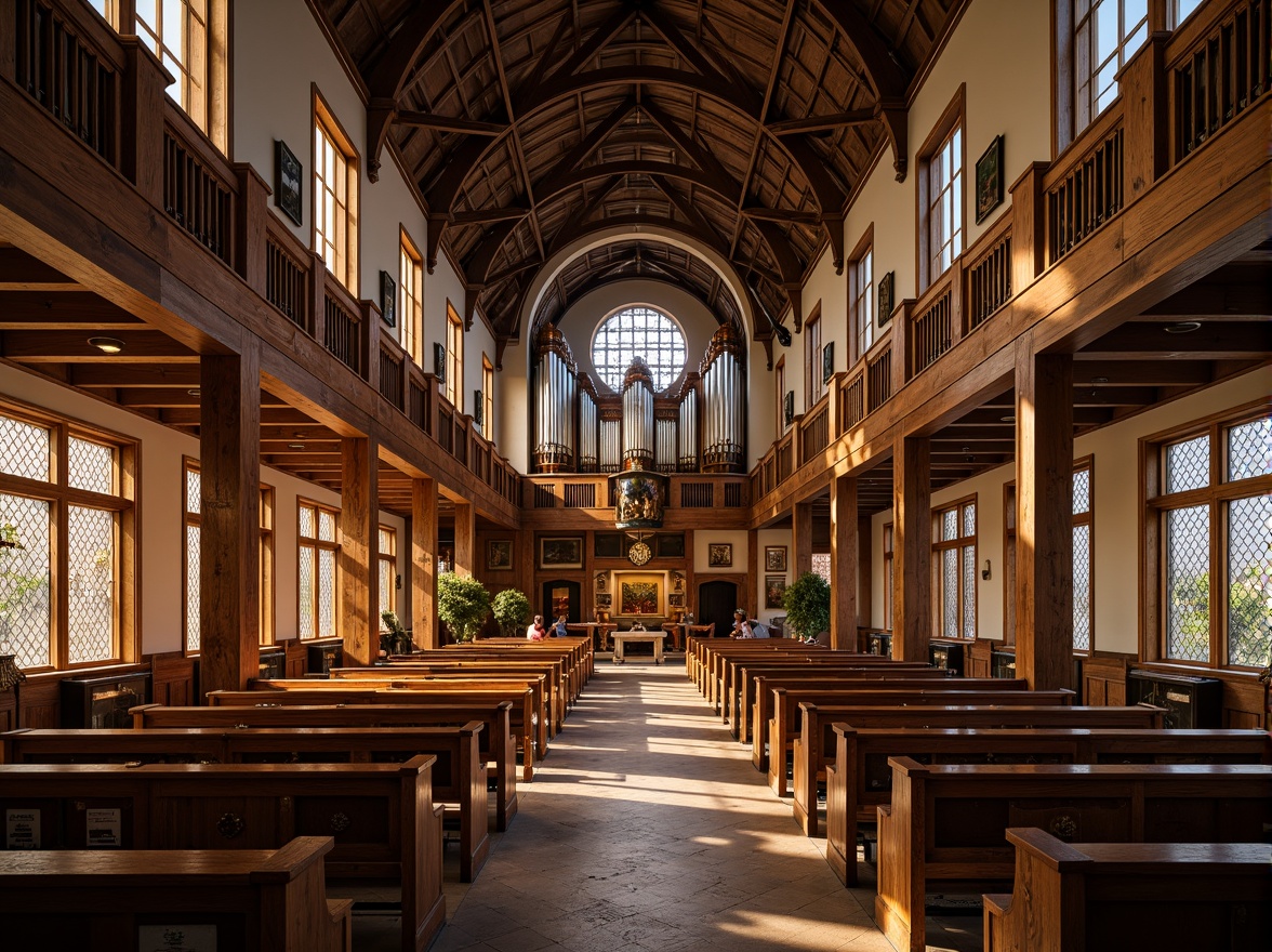 Prompt: Intricate wooden carvings, ornate pews, rustic timber frames, stained glass windows, vaulted ceilings, grandiose pipe organs, majestic altars, handcrafted wooden decorations, traditional craftsmanship, warm golden lighting, soft focus, shallow depth of field, 2/3 composition, realistic wood textures, ambient occlusion, serene atmosphere, peaceful ambiance.