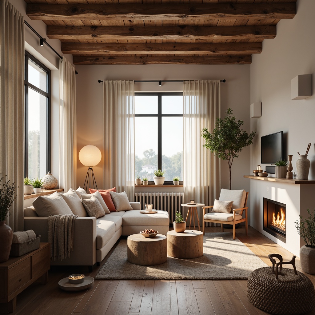 Prompt: Cozy Scandinavian interior, warm candlelight, soft pastel hues, natural wood accents, minimalist decor, Nordic-inspired textiles, gentle diffused lighting, floor-to-ceiling windows, sheer curtains, rustic wooden beams, earthy color palette, organic shapes, subtle shadows, 1/1 composition, intimate atmosphere, warm glow, soft focus, realistic materials.