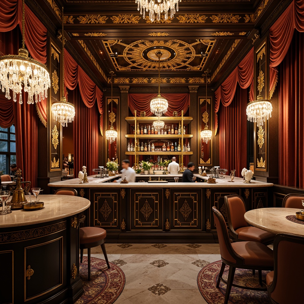 Prompt: Ornate bar counter, intricately carved wooden panels, gilded gold accents, ornamental mirrors, luxurious velvet drapes, lavish crystal chandeliers, richly patterned marble countertops, antique bronze hardware, soft warm lighting, shallow depth of field, 3/4 composition, panoramic view, realistic textures, ambient occlusion.