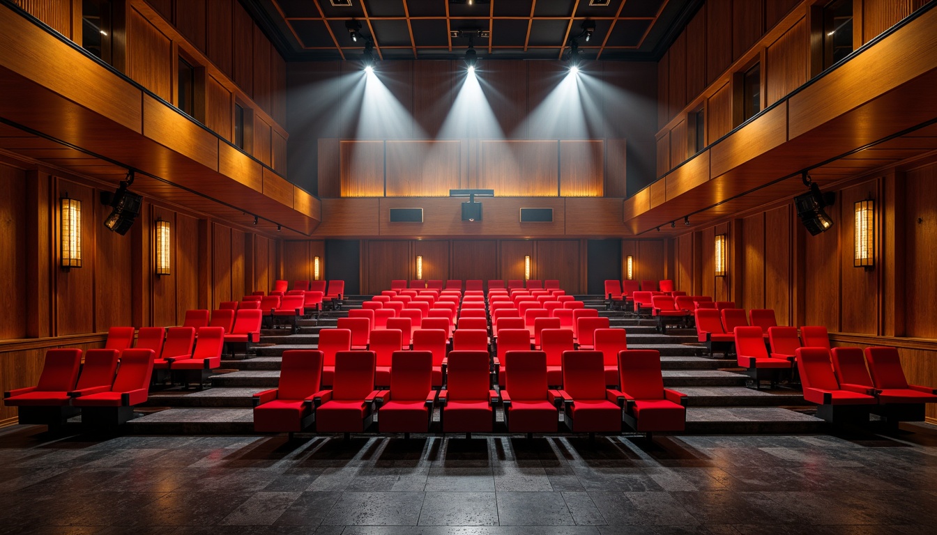 Prompt: Vibrant auditorium interior, rich wood tones, luxurious red velvet seats, golden accent lighting, metallic chrome details, sleek black flooring, geometric patterned carpets, sound-absorbing acoustic panels, tiered seating arrangement, dramatic spotlights, warm ambient glow, cinematic atmosphere, 1/2 composition, high contrast ratio, deep shadows, realistic textures.