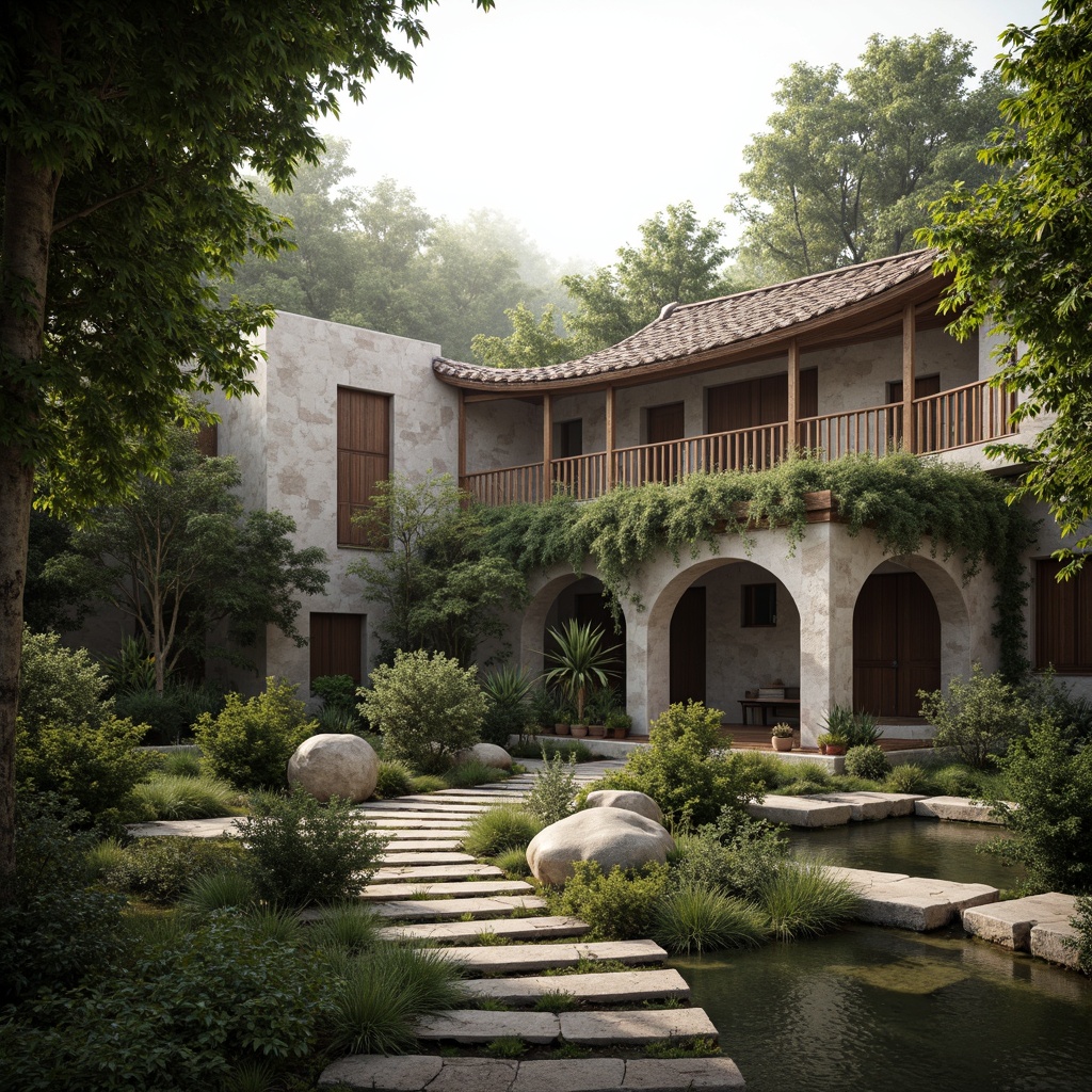 Prompt: \Rustic monastery, natural stone fa\u00e7ade, curved arches, wooden accents, lush greenery, overhanging vines, misty atmosphere, soft diffused lighting, warm earth tones, irregular shapes, organic forms, asymmetrical composition, meandering pathways, serene courtyards, tranquil water features, bamboo forests, moss-covered walls, weathered wood textures, subtle color palette, harmonious coexistence with nature, 3/4 composition, realistic renderings, ambient occlusion.\