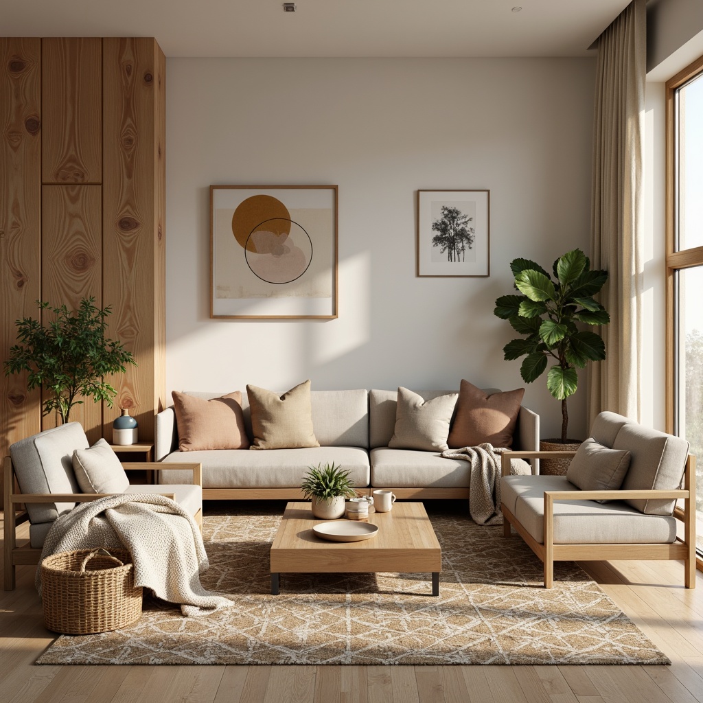 Prompt: Cozy living room, natural wood accents, light-colored wooden floors, minimalist decor, soft warm lighting, woven textiles, plush throw blankets, geometric patterned rugs, Nordic-inspired furniture, comfortable sofas, earthy tones, organic shapes, botanical elements, subtle color palette, matte finishes, ambient occlusion, 1/1 composition, realistic rendering.