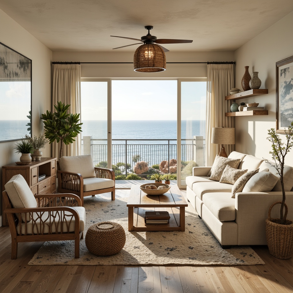 Prompt: Coastal living room, soft creamy walls, driftwood accents, natural textiles, woven rattan furniture, ocean-inspired colors, calming ambiance, warm glow lighting, pendant lanterns, rustic metal fixtures, nautical rope details, distressed wood shelves, coral-patterned rugs, sea glass vases, beachy decorative accessories, relaxed casual atmosphere, large windows, sliding glass doors, stunning ocean views, sunny day, soft diffused lighting, 1/2 composition, warm color palette.