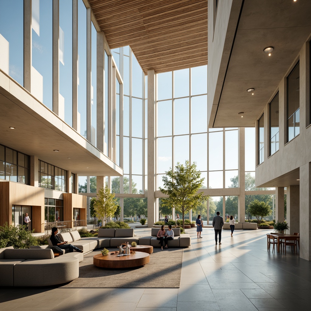 Prompt: Memorial center interior, open floor plan, high ceilings, natural light pouring in, airy atmosphere, minimalist decor, sleek lines, modern architecture, polished concrete floors, comfortable seating areas, flexible spaces, collaborative zones, communal tables, acoustic panels, soft warm lighting, 1/1 composition, shallow depth of field, realistic textures, ambient occlusion.