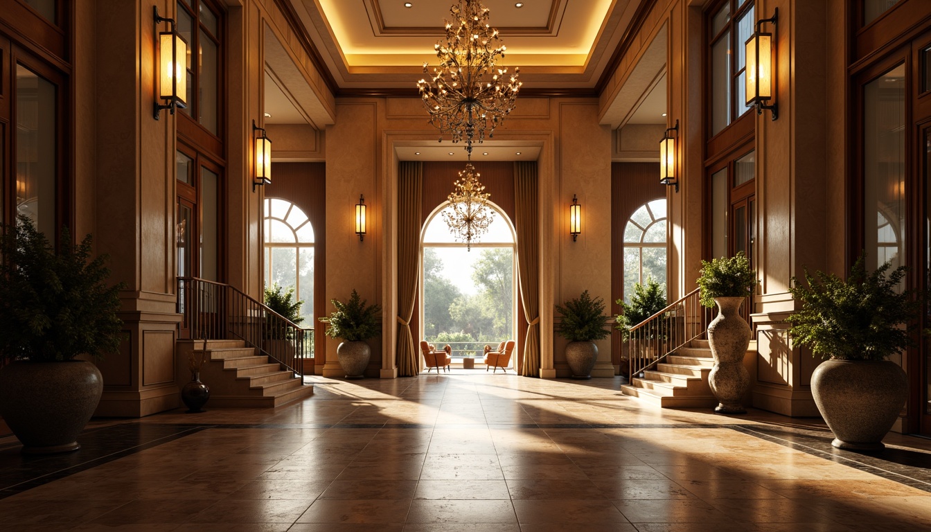 Prompt: Grand entrance, ornate doorways, elegant lanterns, warm welcoming glow, soft ambient lighting, floor-to-ceiling windows, modern chandeliers, LED strip lights, subtle color temperature transitions, bright foyer, luxurious materials, marble floors, wooden accents, sophisticated architectural details, inviting atmosphere, dramatic uplighting, subtle shadowing, 1/1 composition, shallow depth of field, realistic textures, ambient occlusion.