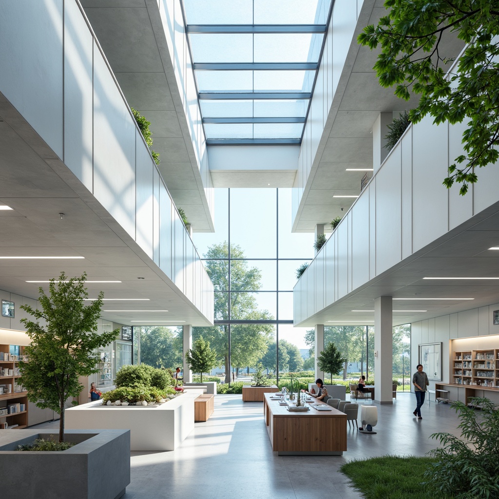 Prompt: Vibrant science center interior, abundant natural light, floor-to-ceiling windows, transparent glass roofs, reflective white surfaces, minimalist decor, open-plan laboratory spaces, modular furniture systems, eco-friendly materials, maximized vertical space, clerestory windows, north-facing orientation, soft diffused lighting, 1/1 composition, shallow depth of field, realistic textures, ambient occlusion.