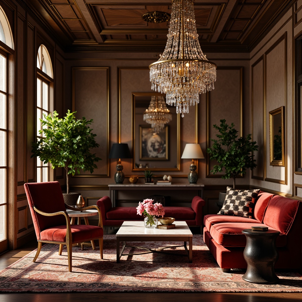 Prompt: Luxurious interior, velvet sofas, marble coffee tables, wooden flooring, metallic accents, crystal chandeliers, lavish curtains, ornate mirrors, intricate carvings, rich wood paneling, plush area rugs, subtle patterned wallpaper, warm ambient lighting, shallow depth of field, 1/1 composition, realistic textures, ambient occlusion.