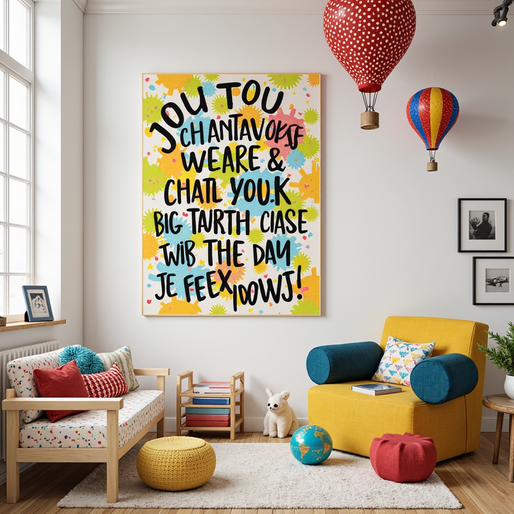 Prompt: Vibrant kids' room, whimsical wall art, expressive brushstrokes, bright primary colors, playful polka dots, fun geometric shapes, imaginative cartoon characters, 3D textured elements, glossy finish, bold black outlines, creative typography, inspirational quotes, fantasy creatures, adventurous hot air balloons, fluffy white clouds, sunny yellow skies, soft warm lighting, shallow depth of field, 1/2 composition, realistic textures, ambient occlusion.