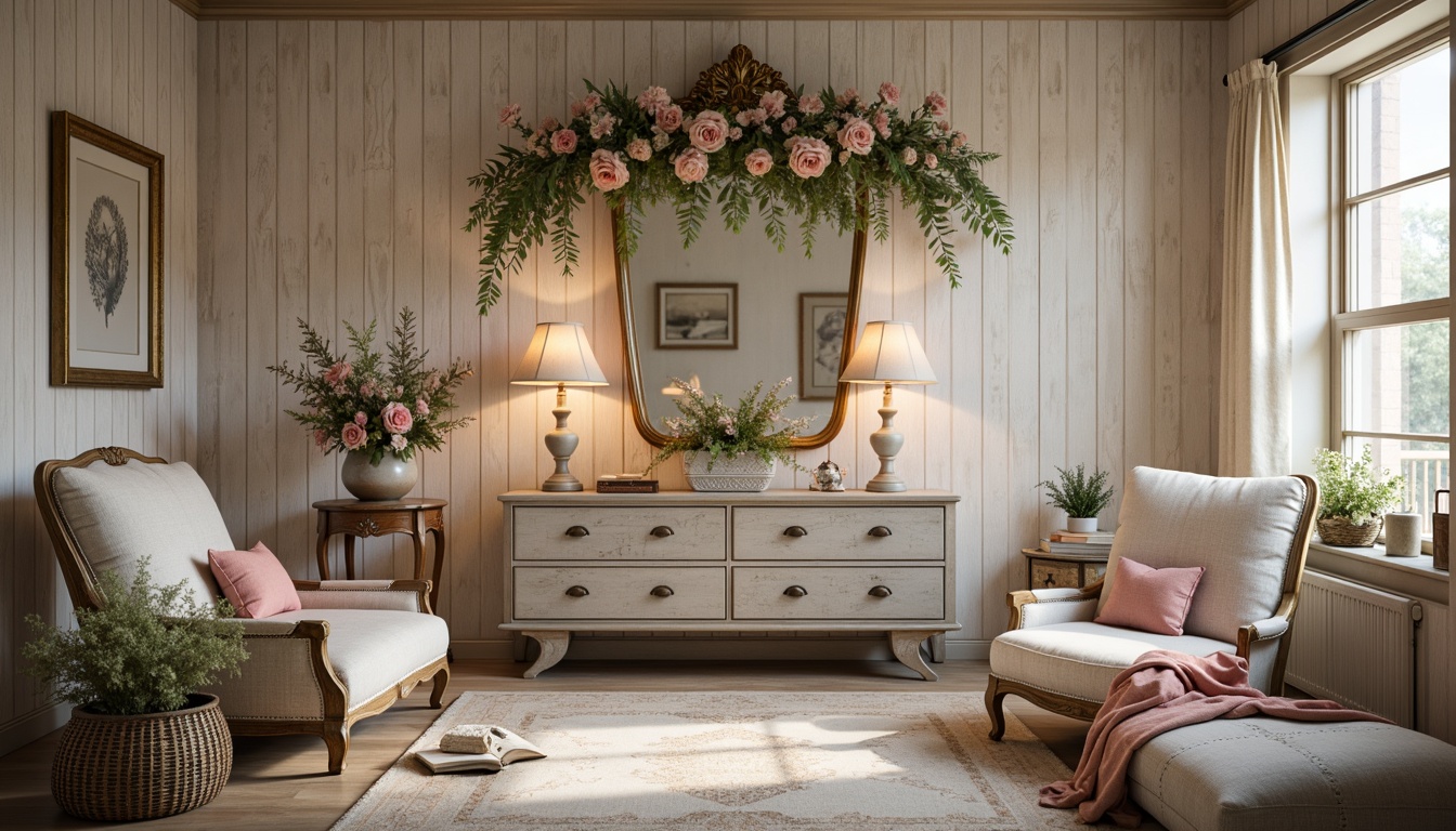 Prompt: Soft pastel hues, distressed wood textures, vintage ornate details, elegant lace patterns, delicate florals, muted whites, creams, and beiges, warm candlelight, rustic metal accents, antique furniture pieces, natural fabrics, flowing drapes, gentle lighting, shallow depth of field, 1/1 composition, intimate atmosphere, romantic ambiance.