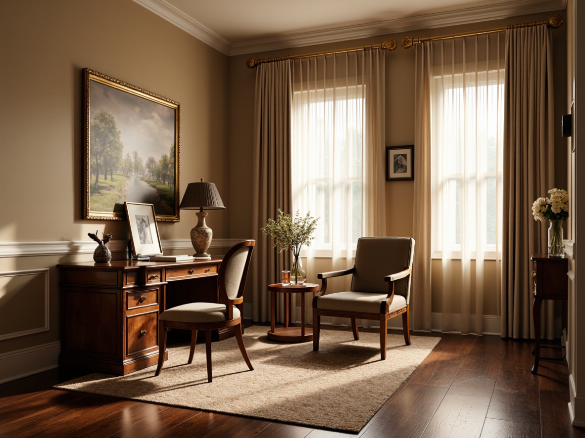 Prompt: Cozy home office, traditional wooden desk, leather office chair, warm beige walls, rich wood flooring, elegant curtains, pinch pleat drapery, soft white sheers, ornate gold fixtures, classic window treatments, luxurious fabrics, subtle patterns, natural light filtering, gentle shadows, 1/2 composition, intimate atmosphere, realistic textures, ambient occlusion.