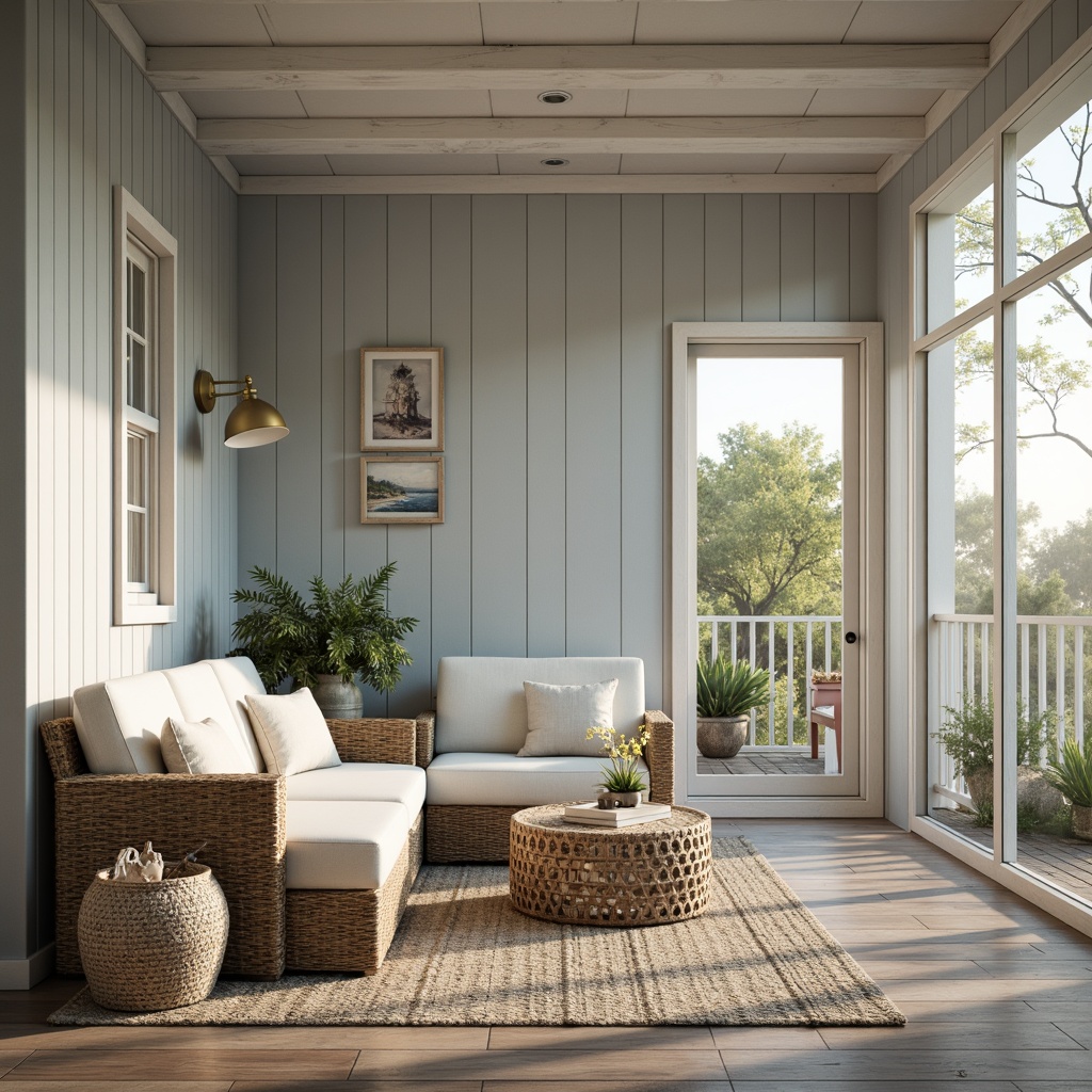 Prompt: Calming coastal cottage, driftwood grey walls, creamy white trim, soft blues and whites, natural textures, woven rattan furniture, vintage nautical accents, distressed wood floors, ocean-inspired colors, sea salt hues, misty mornings, warm golden lighting, shallow depth of field, 1/2 composition, serene atmosphere, realistic materials, ambient occlusion.