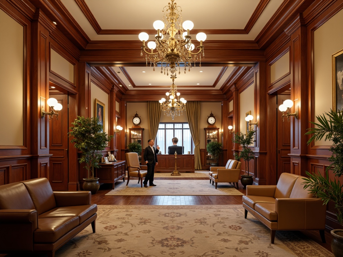 Prompt: Elegant office lobby, rich wood paneling, luxurious chandeliers, plush carpeting, comfortable sofas, wooden desks, leather chairs, vintage decorations, classic clock towers, ornate mirrors, sophisticated lighting fixtures, warm beige walls, dark wood accents, traditional architectural details, symmetrical composition, central focal point, harmonious color palette, softbox lighting, shallow depth of field.