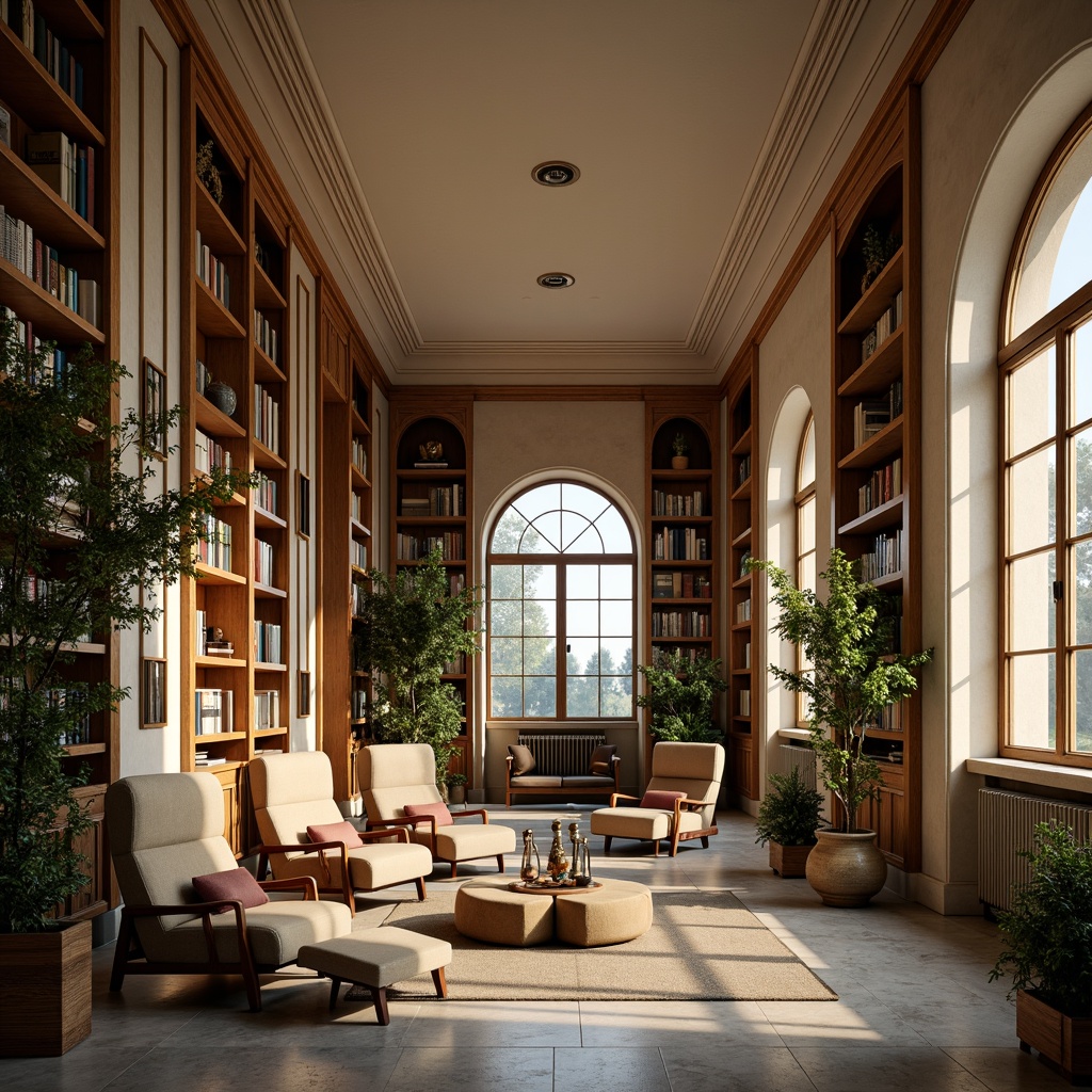 Prompt: Cozy library atmosphere, warm beige walls, rich wood accents, comfortable reading nooks, plush armchairs, soft golden lighting, classic bookshelves, leather-bound tomes, subtle earthy tones, calming blue hues, natural stone flooring, elegant archways, sophisticated modern furniture, abundant greenery, large windows, diffused sunlight, 1/1 composition, shallow depth of field, realistic textures, ambient occlusion.