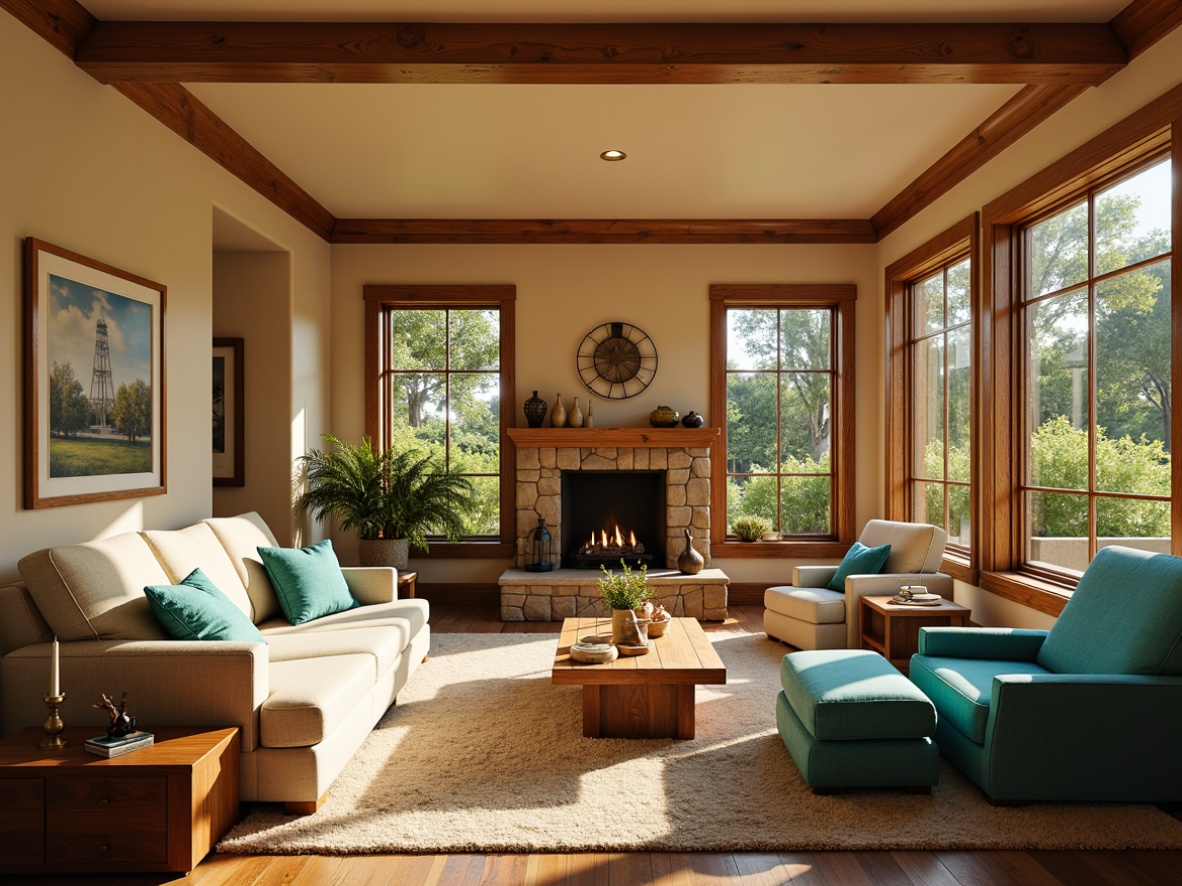 Prompt: Cozy living room, warm beige walls, rich wood furniture, plush carpeting, soft cushions, vibrant turquoise accents, natural stone fireplace, large windows, sunny day, warm golden lighting, shallow depth of field, 3/4 composition, realistic textures, ambient occlusion.