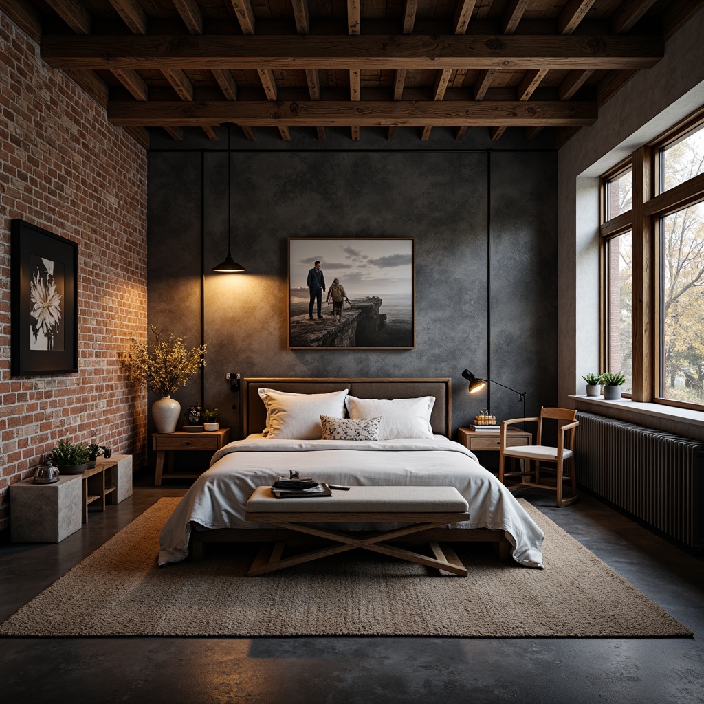 Prompt: Industrial-chic bedroom, exposed brick walls, metal beams, reclaimed wood accents, vintage machinery parts, urban loft atmosphere, muted color scheme, dark grey tones, rich brown hues, deep blue undertones, warm golden lighting, soft shadows, 3/4 composition, shallow depth of field, realistic textures, ambient occlusion.